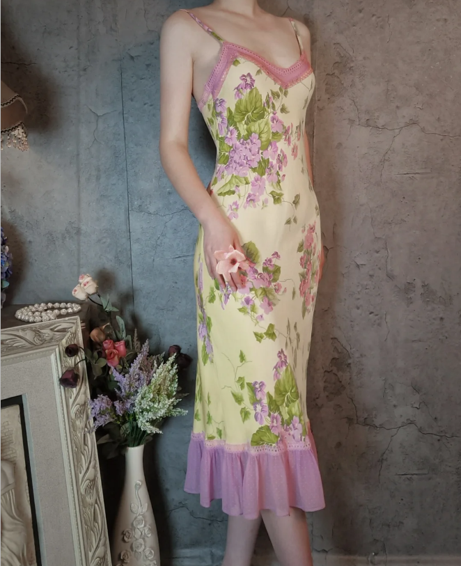Retro Yellow-Based Purple Floral Mermaid Spaghetti Strap V-Neck Chiffon Prom Dress Evening Dress