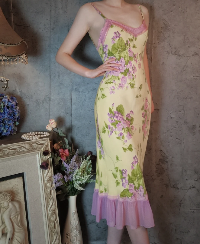 Retro Yellow-Based Purple Floral Mermaid Spaghetti Strap V-Neck Chiffon Prom Dress Evening Dress