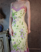 Retro Yellow-Based Purple Floral Mermaid Spaghetti Strap V-Neck Chiffon Prom Dress Evening Dress