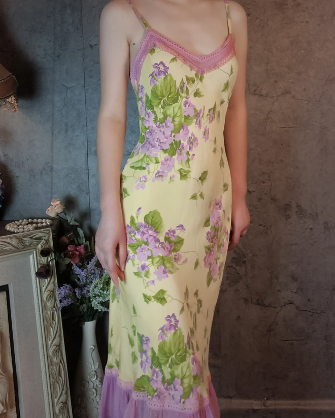 Retro Yellow-Based Purple Floral Mermaid Spaghetti Strap V-Neck Chiffon Prom Dress Evening Dress