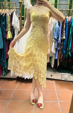 Retro Yellow Irregular Deep V Halter Lace Satin Prom Dress Evening Dress