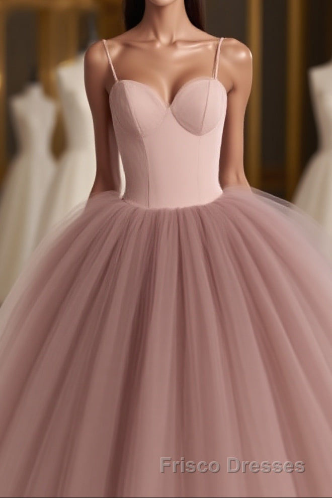 Dusty Rose A-Line Tulle Floor Length Spaghetti Straps Sweetheart Evening Party Dress Formal Prom Dress Main image