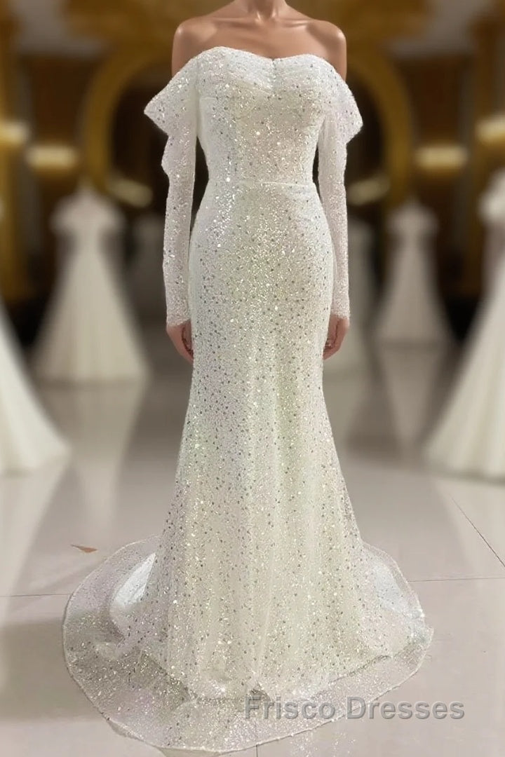 Ivory Mermaid Sequined Formal Prom Dress with Long Sleeves, Sparkly Long Party Dress Main image
