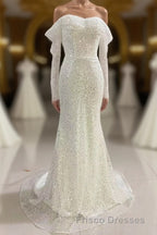 Ivory Mermaid Sequined Formal Prom Dress with Long Sleeves, Sparkly Long Party Dress
