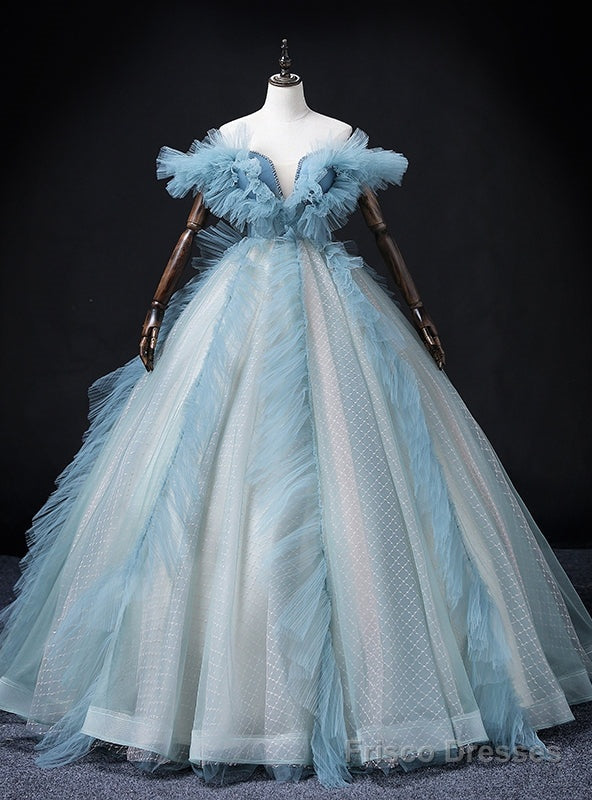 Romance Blue Tulle Off the Shoulder Beading Quinceanera Dress