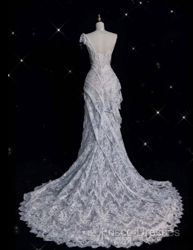 Romantic High Low One Shoulder Lace White Long Wedding Dress Secondary image
