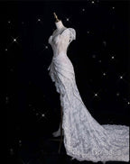 Romantic High Low One Shoulder Lace White Long Wedding Dress