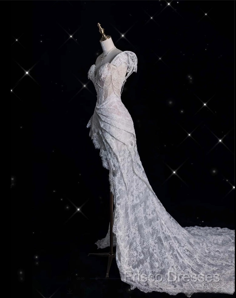 Romantic High Low One Shoulder Lace White Long Wedding Dress