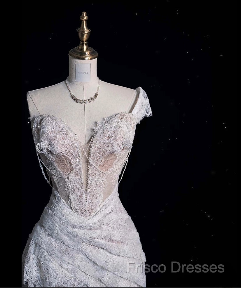 Romantic High Low One Shoulder Lace White Long Wedding Dress