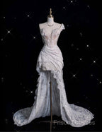 Romantic High Low One Shoulder Lace White Long Wedding Dress