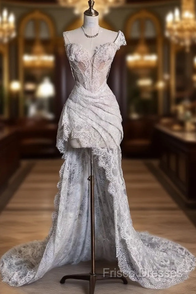 Romantic High Low One Shoulder Lace White Long Wedding Dress Main image