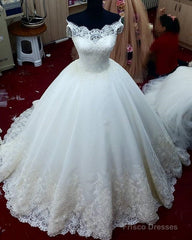 Romantic Lace V-Neck Off The Shoulder Ball Gown Wedding Dresses