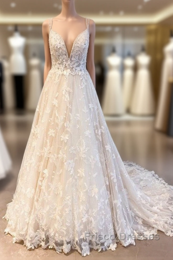Romantic Long A-Line Sweetheart Appliques Lace Tulle Wedding Dress Main image