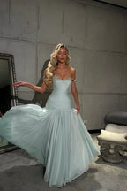 Romantic Off-The-Shoulder Chiffon Sleeveless Prom Dress Beads Pleats With Zipper