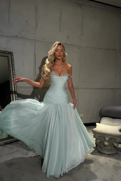Romantic Off-The-Shoulder Chiffon Sleeveless Prom Dress Beads Pleats With Zipper Main image