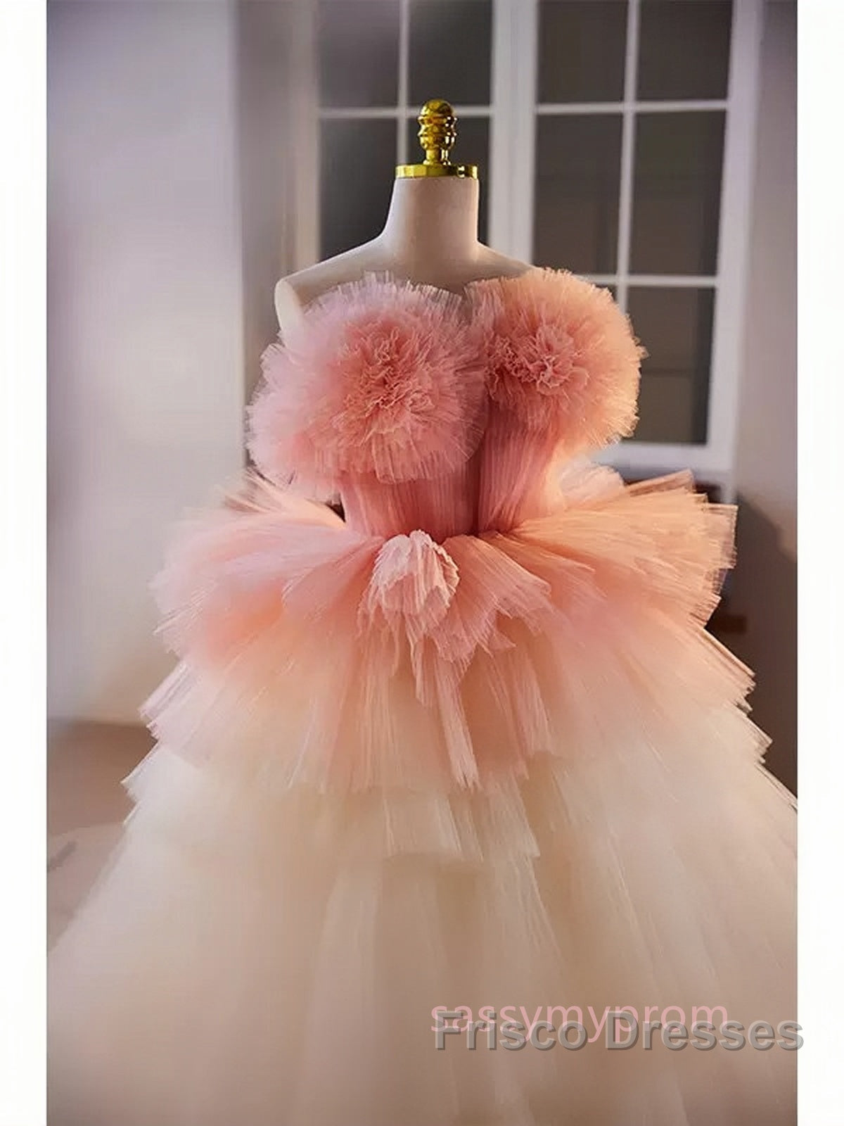 Romantic Pink Tulle Ball Gown Ombre Tiers Formal Prom Dress