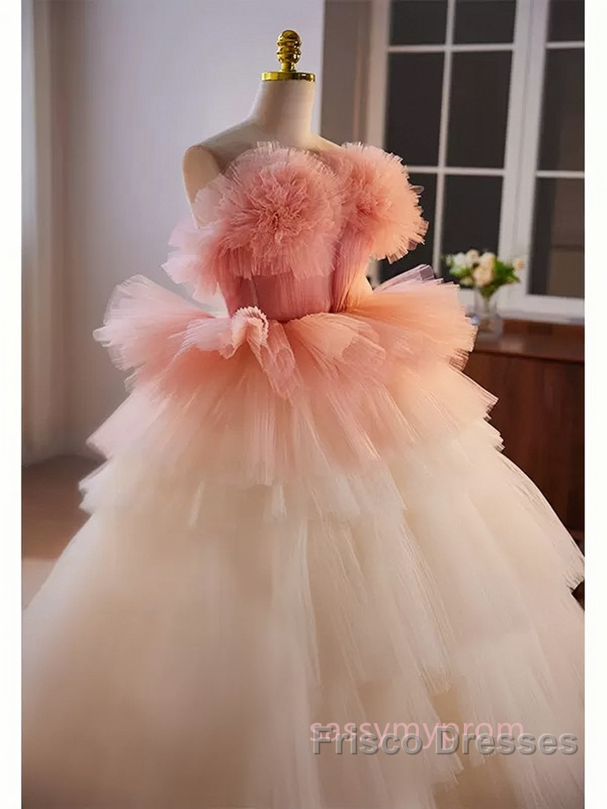 Romantic Pink Tulle Ball Gown Ombre Tiers Formal Prom Dress