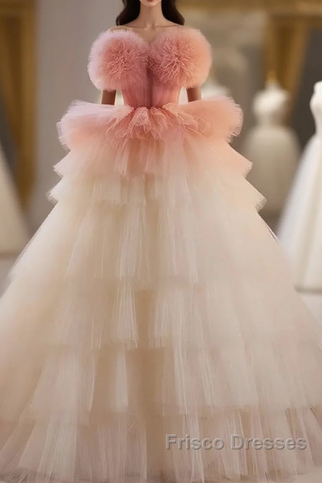 Romantic Pink Tulle Ball Gown Ombre Tiers Formal Prom Dress Main image