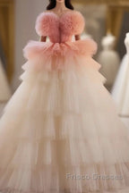 Romantic Pink Tulle Ball Gown Ombre Tiers Formal Prom Dress