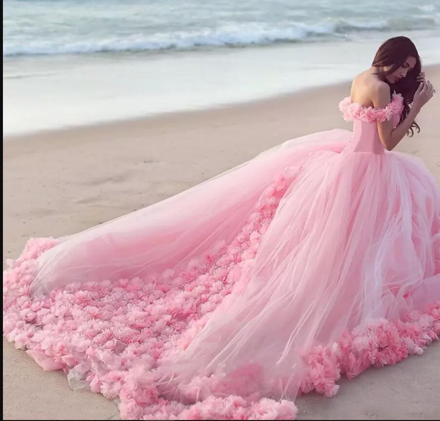 Romantic Poofy Pink Floral Wedding Dresses Off The Shoulder Ball Gown Quinceanera Dress Secondary image