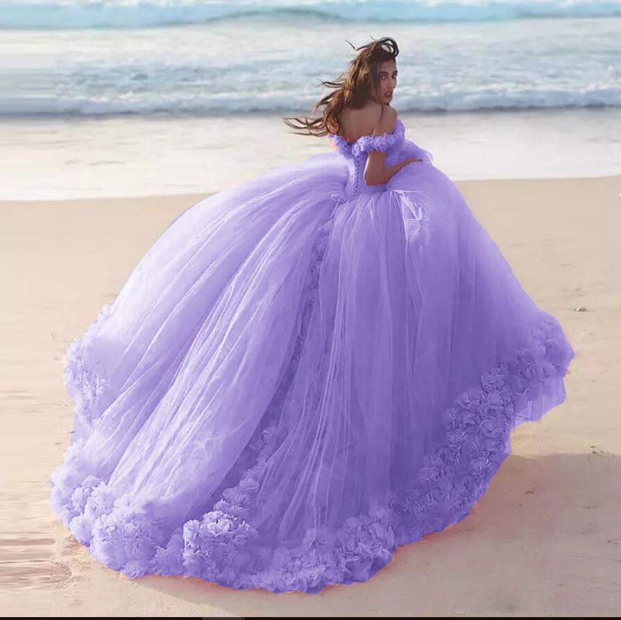 Romantic Poofy Pink Floral Wedding Dresses Off The Shoulder Ball Gown Quinceanera Dress