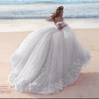 Romantic Poofy Pink Floral Wedding Dresses Off The Shoulder Ball Gown Quinceanera Dress