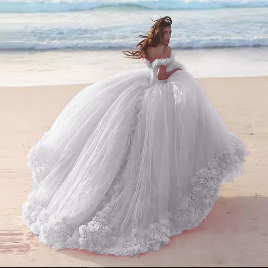 Romantic Poofy Pink Floral Wedding Dresses Off The Shoulder Ball Gown Quinceanera Dress