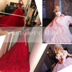 Romantic Poofy Pink Floral Wedding Dresses Off The Shoulder Ball Gown Quinceanera Dress