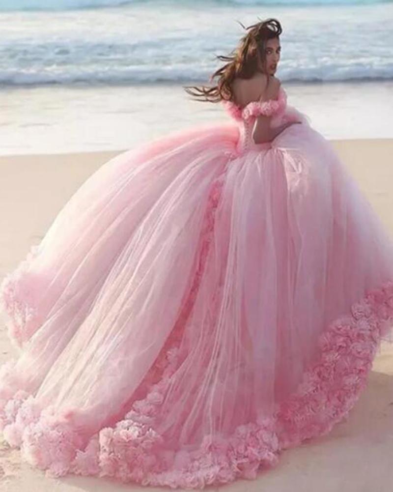Romantic Poofy Pink Floral Wedding Dresses Off The Shoulder Ball Gown Quinceanera Dress Main image