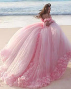 Romantic Poofy Pink Floral Wedding Dresses Off The Shoulder Ball Gown Quinceanera Dress