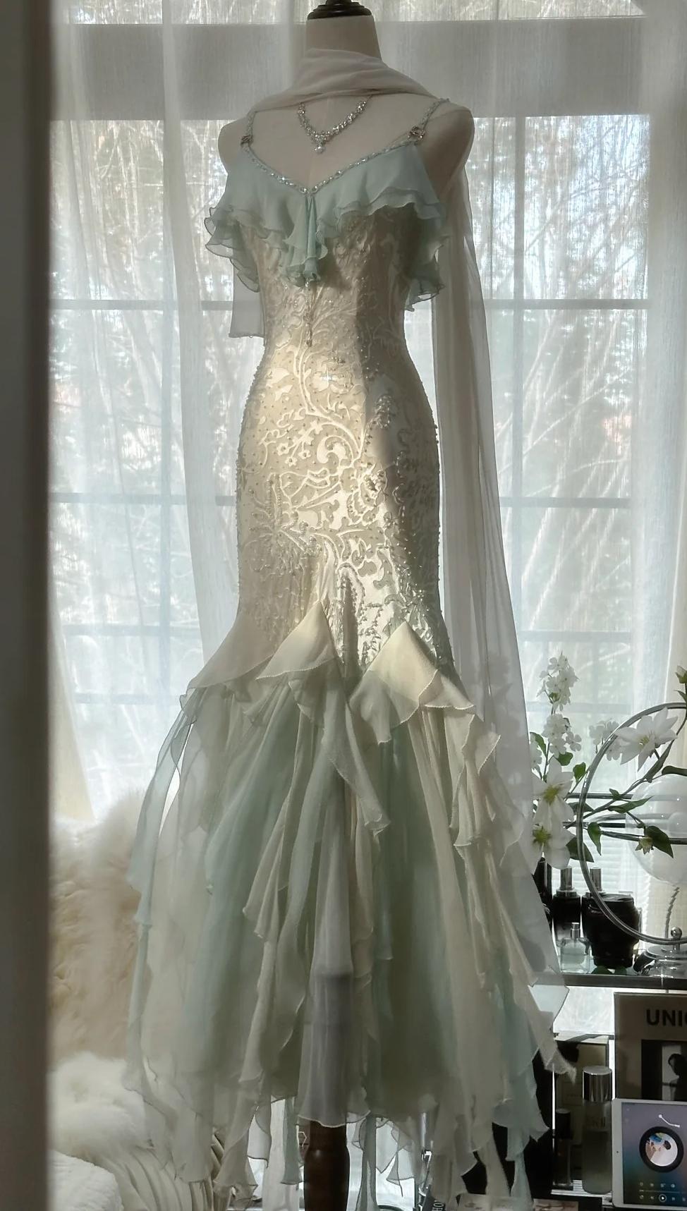 Romantic Vintage Mint Green Chiffon Mermaid Beaded Long Prom Dresses R Frisco Dresses Romantic Vintage Mint Green Chiffon Mermaid Beaded Long Prom Dresses R Frisco Dresses