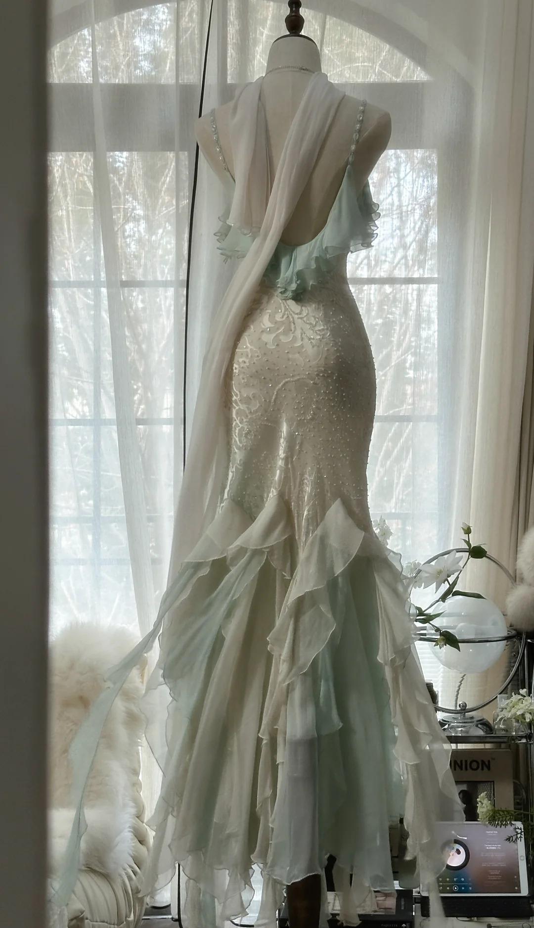Romantic Vintage Mint Green Chiffon Mermaid Beaded Long Prom Dresses R Romantic Vintage Mint Green Chiffon Mermaid Beaded Long Prom Dresses R
