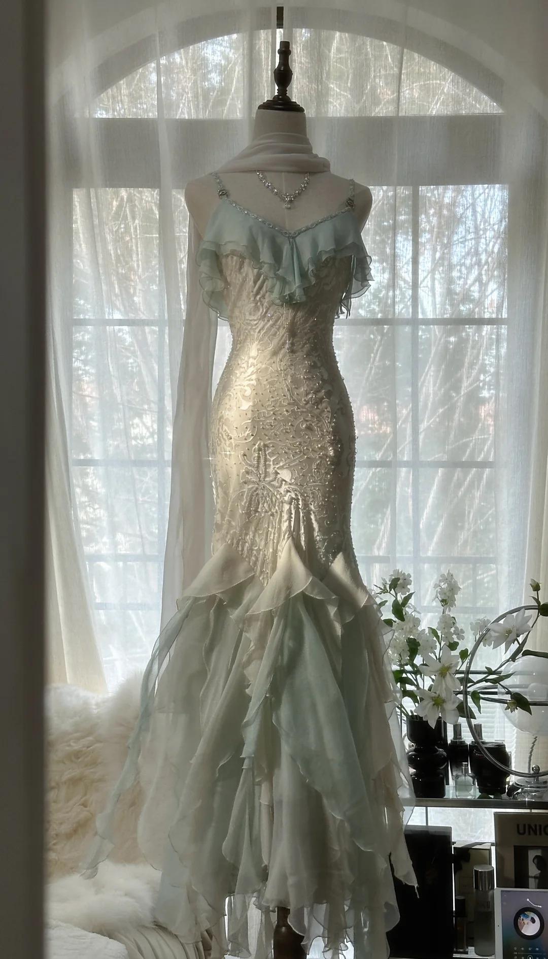 Romantic Vintage Mint Green Chiffon Mermaid Beaded Long Prom Dresses R Romantic Vintage Mint Green Chiffon Mermaid Beaded Long Prom Dresses R