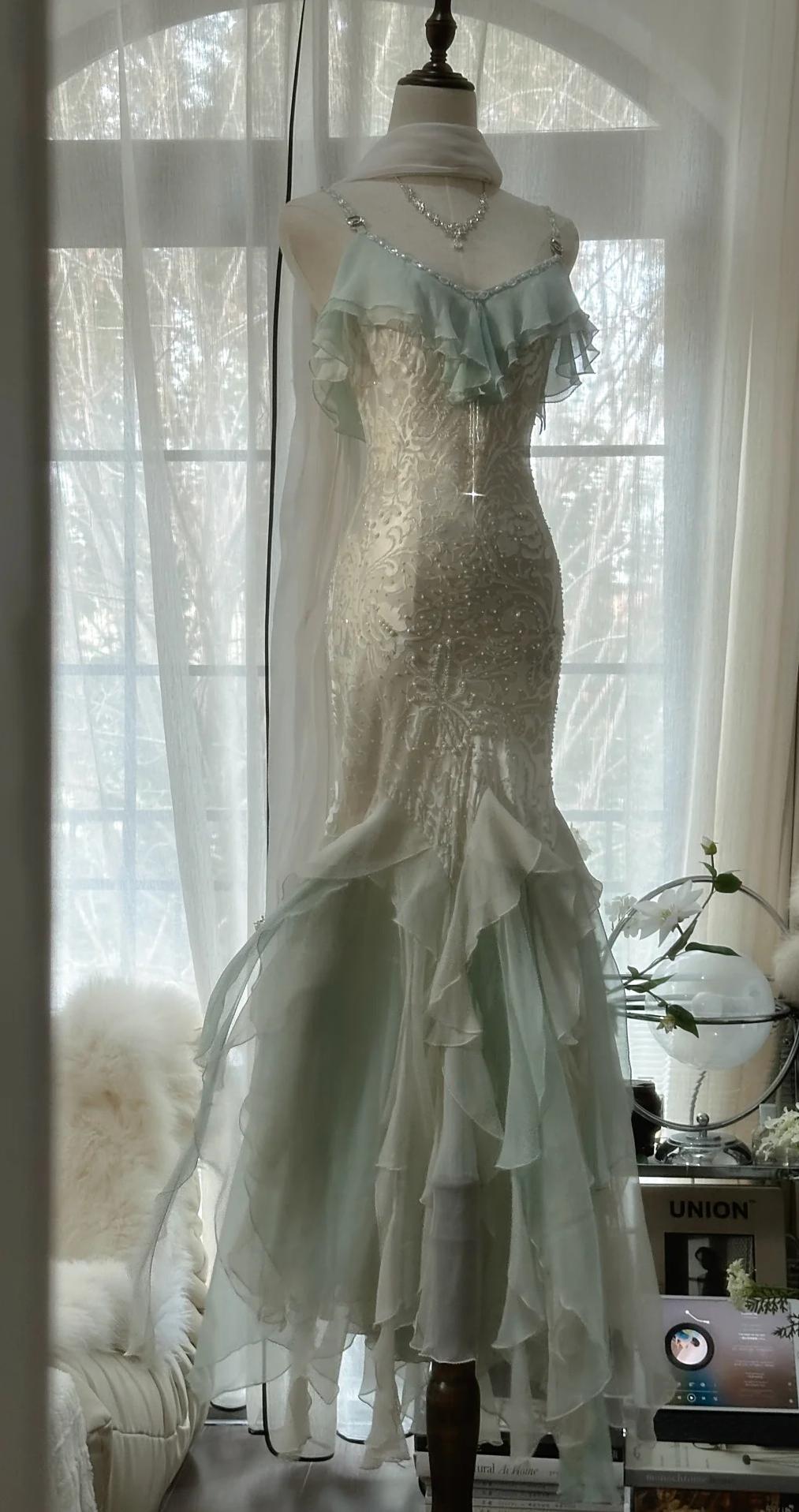 mint green mermaid bridesmaid dresses Romantic Vintage Mint Green Chiffon Mermaid Beaded Long Prom Dresses R –  Frisco Dresses