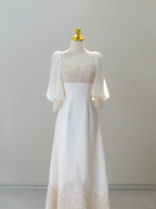 Romantic Wedding Gown Bridal Dress A Line Square Neck Satin Wedding Dress Ivory Wedding Dresses Modest Wedding Gowns