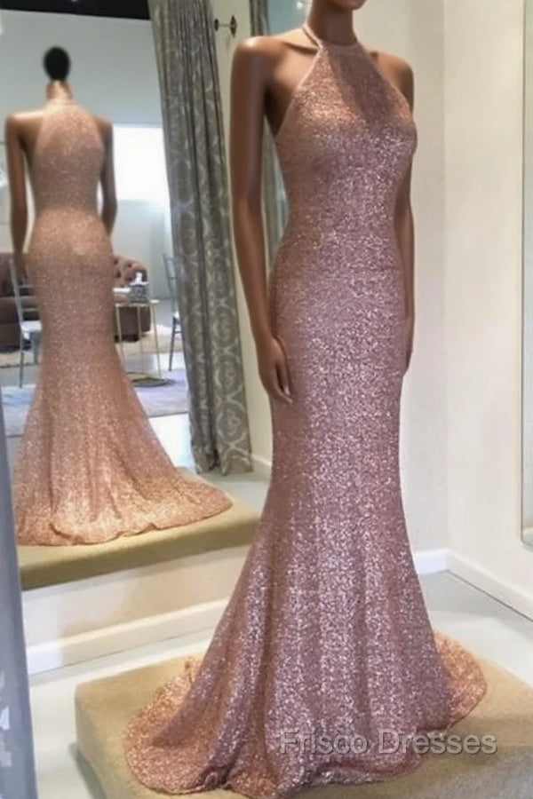 Rose Gold Sequins Halter Bridesmaid Dress Long Mermaid Gowns Main image