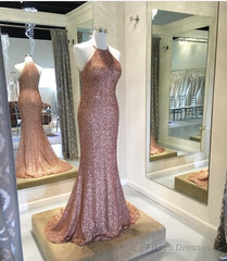 Rose Gold Sequins Halter Bridesmaid Dresses Long Mermaid Gowns