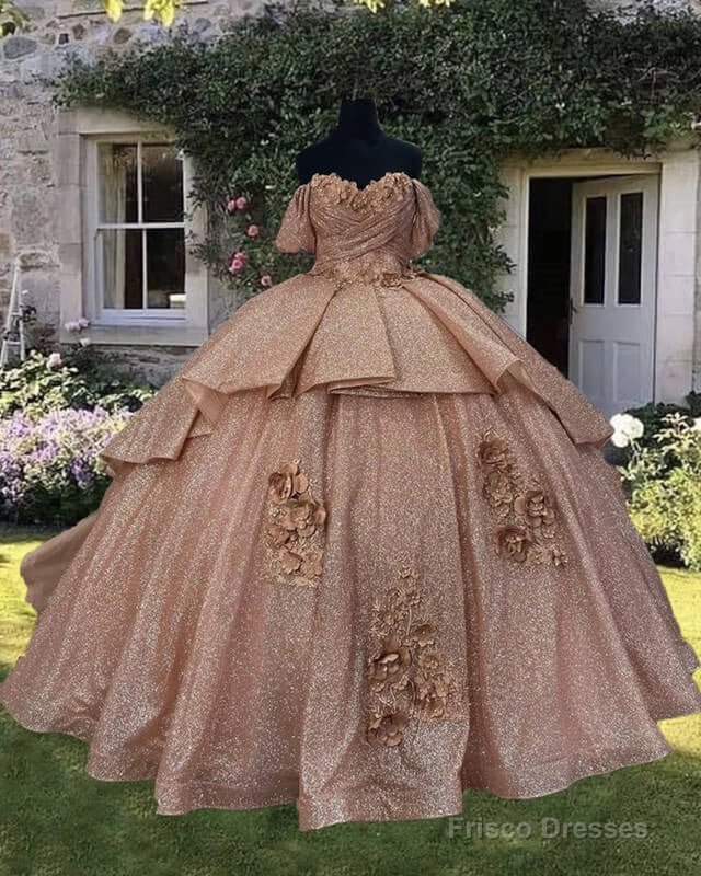 Rose Gold Sparkly Ball Gown Off Shoulder Dress Main image