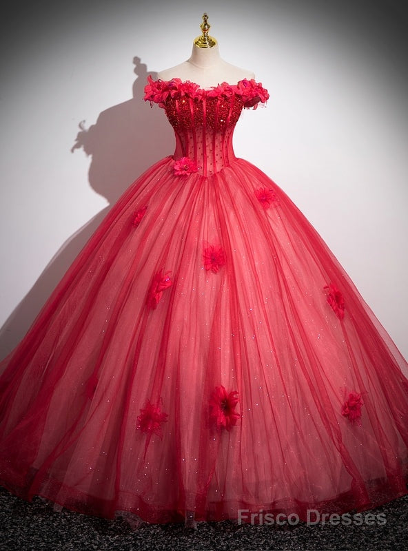 Rose Red Ball Gown Tulle Beading Quinceanera Dress