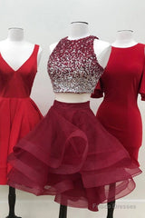 Round Neck 2 Pieces Short Burgundy Beaded Prom Dress, Two Pieces Short Burgundy Formal Homecoming Dresses
