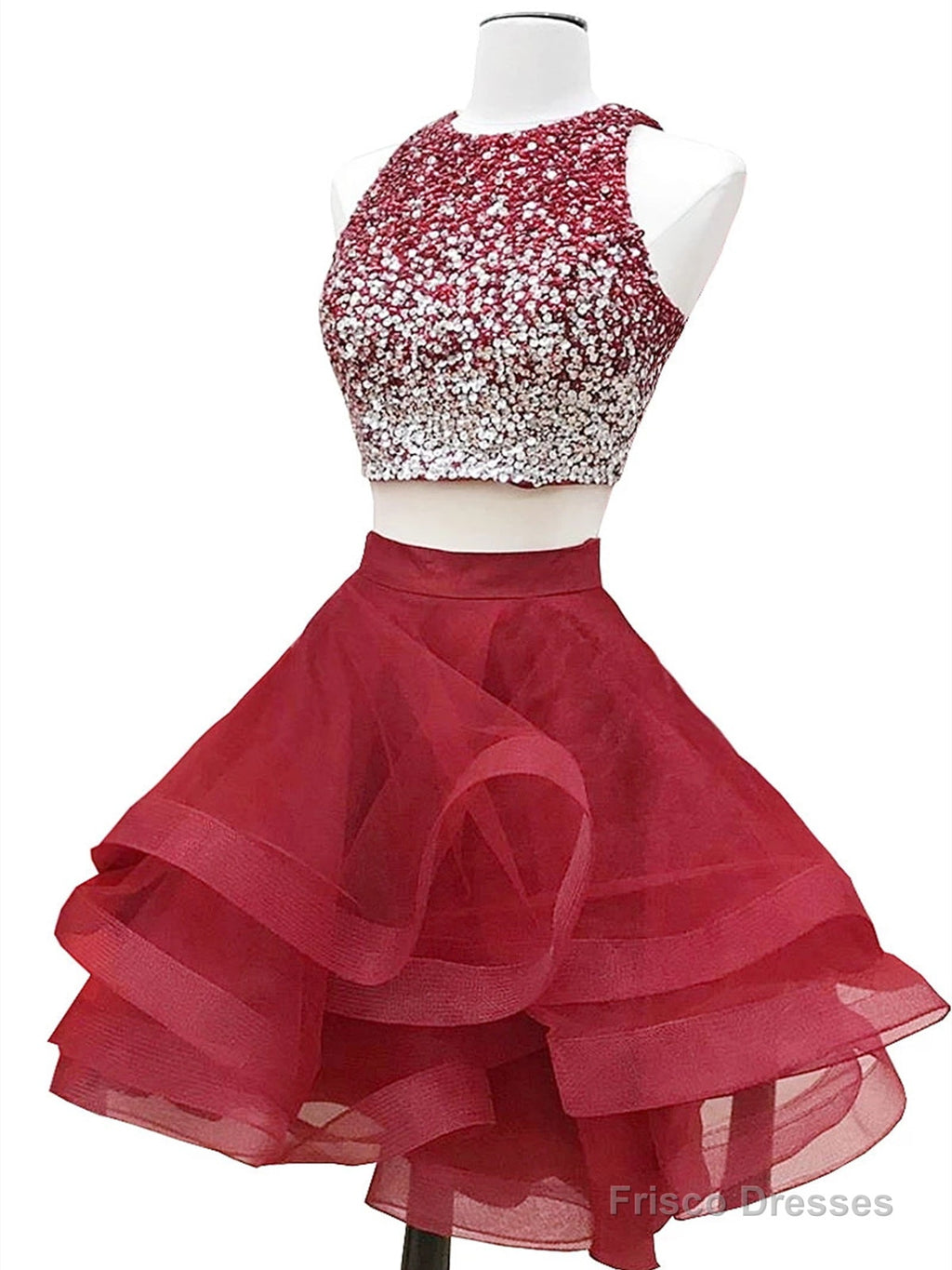 Round Neck 2 Pieces Short Burgundy Beaded Prom Dress, Two Pieces Short Burgundy Formal Homecoming Dresses