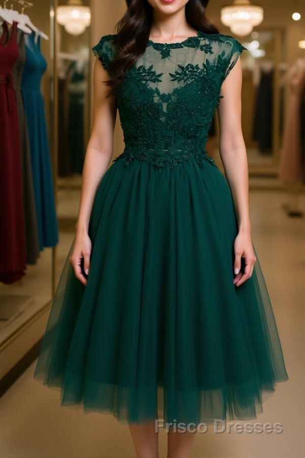 Round Neck Beaded Green Lace Short Formal Prom Homecoming Dresses, Short Green Lace Formal Graduation Evening Dresses