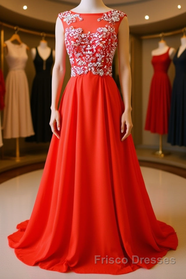 Round Neck Beaded Red Formal Prom Dresses, Red Formal Dresses, Red Evening Dresses