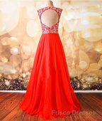 Round Neck Beaded Red Formal Prom Dresses, Red Formal Dresses, Red Evening Dresses