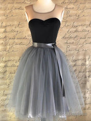 Round Neck Black Gray Tulle Short Prom Dresses, Short Black Gray Graduation Homecoming Dresses