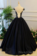 Round Neck Black Lace Floral Long Formal Prom Dresses, Black Lace Formal Dresses with Appliques, Black Evening Dresses