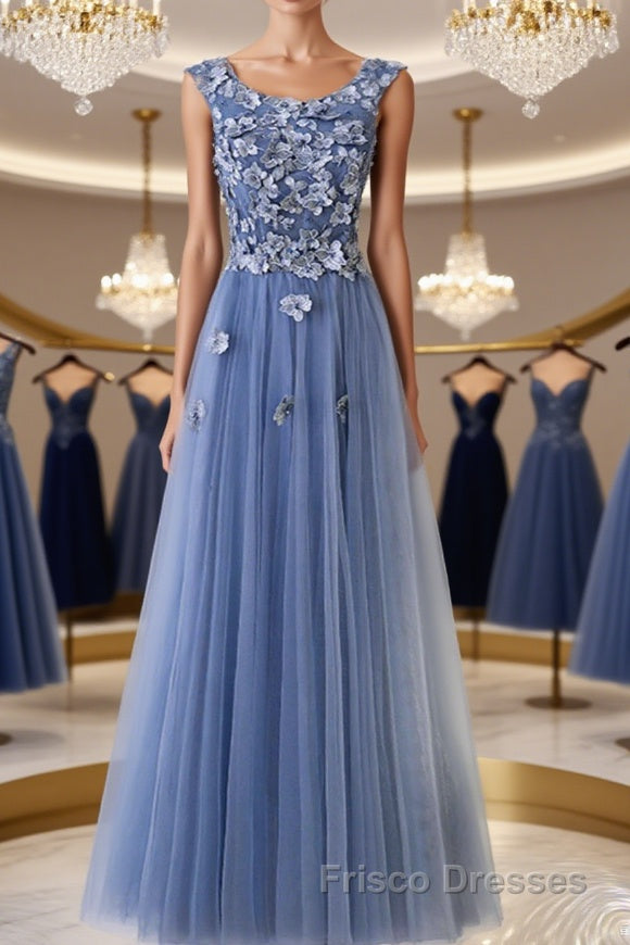 Round Neck Blue Lace Floral Long Formal Prom Dresses, Blue Lace Long Formal Evening Dresses Main image