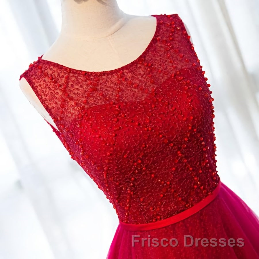 Round Neck Burgundy Beaded Formal Prom Dresses, Wine Red Beaded Formal Evening Bridesmaid Dresses