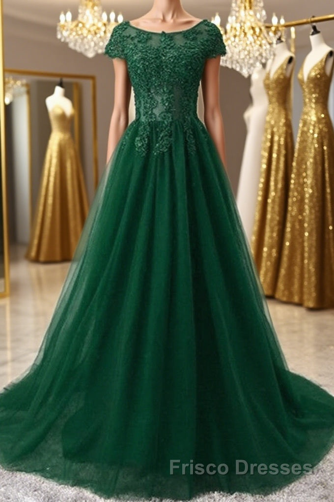Round Neck Cap Sleeves Lace Long Formal Prom Dresses,Tulle Lace Formal Evening Dresses