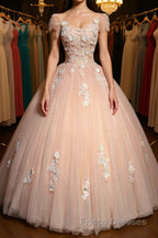 Round Neck Cap Sleeves Lace Pink Long Formal Prom Dresses, Pink Lace Formal Dresses, Pink Evening Dresses, Ball Gown